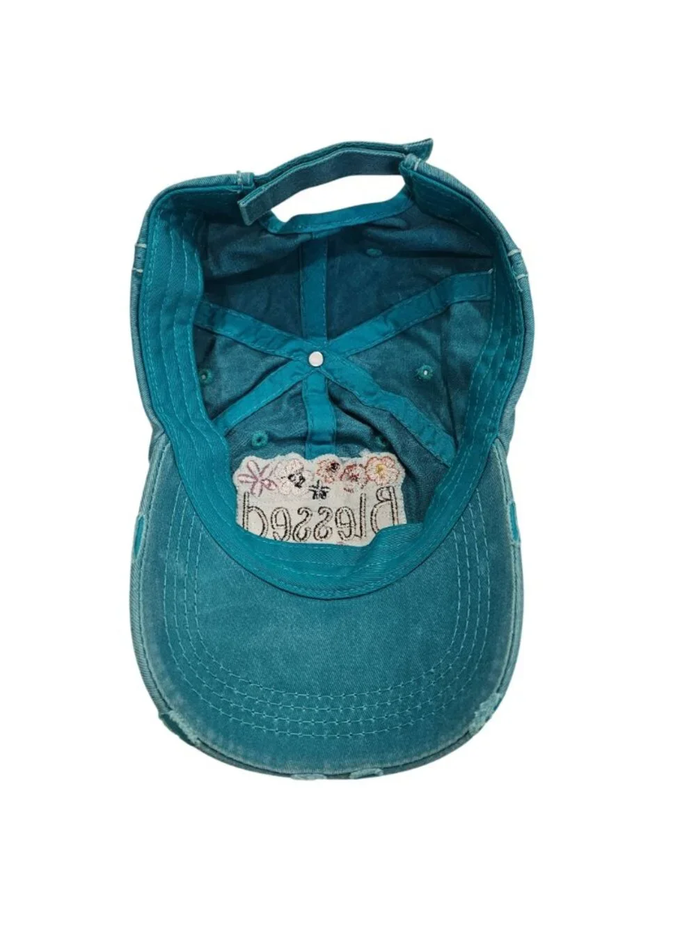 Blessed Embroidered Distressed Turquoise Baseball Cap Adjustable Back Strap